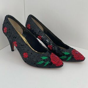Frankie and Baby by Beverly Feldman Black Sequin Heels with Red Rose Design